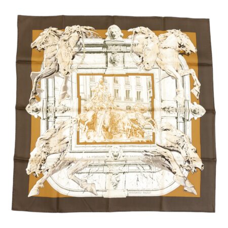 Hermes Silk Scarf Carre 90 "LA FONTAINE DE BARTHOLDI" Brown Silk Scarf