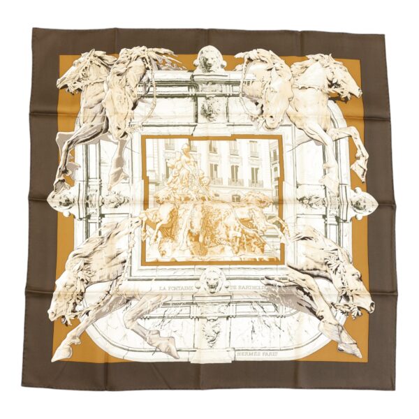 Hermes Silk Scarf Carre 90 "LA FONTAINE DE BARTHOLDI" Brown Silk Scarf