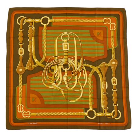 Hermes Silk Scarf Carre 90 "Coaching" Brown Silk Scarf