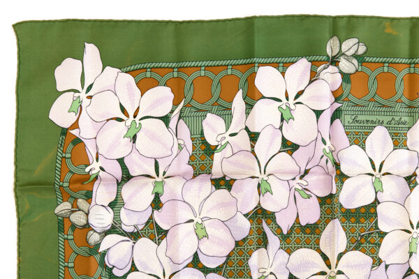 Bad! Hermes Silk Scarf Carre 90 "Souvenirs d'Asie" Green Silk Scarf (B-C) - Image 2