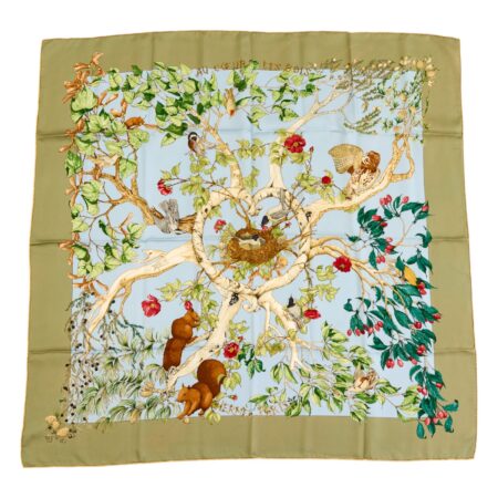 Hermes Silk Scarf Carre 90 "AU COEUR DES BOIS" Green Silk Scarf