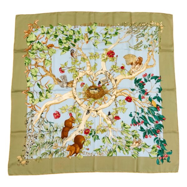 Hermes Silk Scarf Carre 90 "AU COEUR DES BOIS" Green Silk Scarf