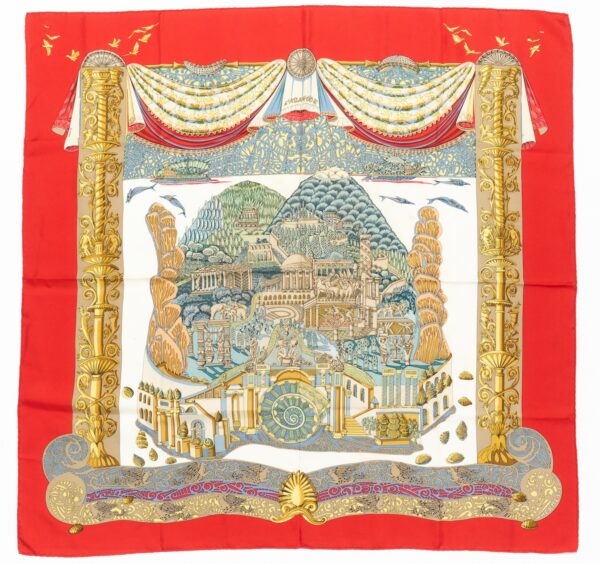 Hermes Scarf 90 "L'Atlantide " Red 100% Silk Scarf 35"
