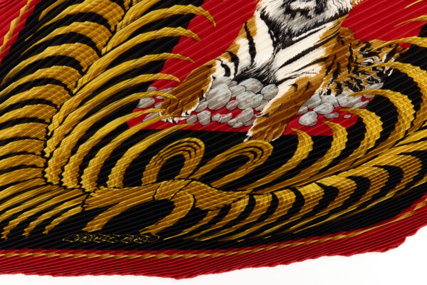 Hermes Silk Scarf Carre 90 "Tiger Royal" Red Silk Pleats Scarf - Image 6