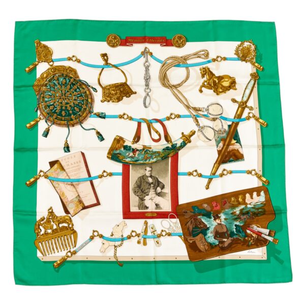 Hermes Silk Scarf Carre 90 "Memoire d'Hermes" Green Silk Scarf