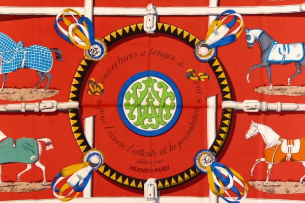 Hermes Silk Scarf Carre 90 "Couvertures et Tenues de Jour" Red Silk Scarf - Image 4