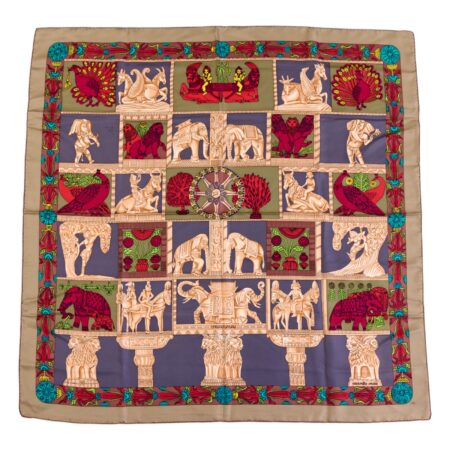 Hermes Silk Scarf Carre 45 "TORANA" Brown Silk Scarf