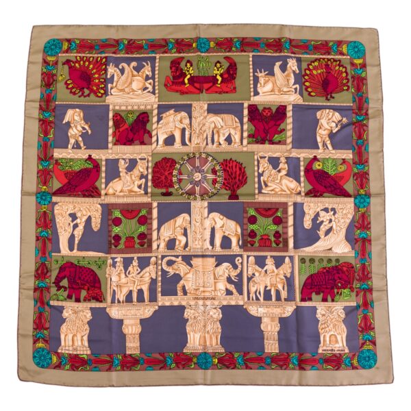 Hermes Silk Scarf Carre 45 "TORANA" Brown Silk Scarf