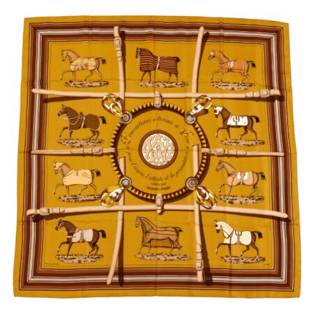 Hermes Silk Scarf Carre 90 "Couvertures et Tenues de Jour" Yellow Silk Scarf