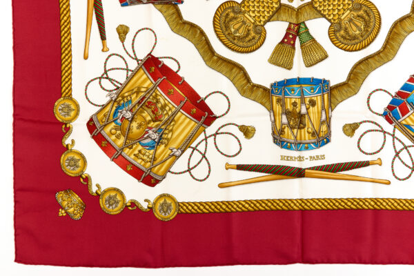 Hermes Silk Scarf Carre 90 "LES TAMBOURS" Red Silk Scarf - Image 5