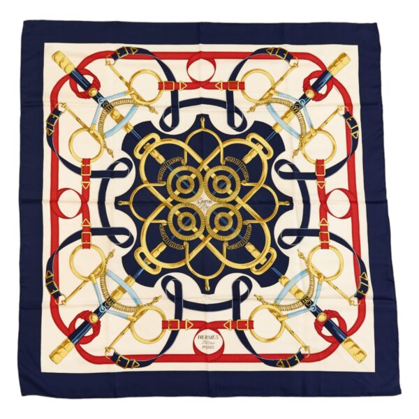Hermes Silk Scarf Carre 90 "Eperon d’Or" Blue Silk Scarf
