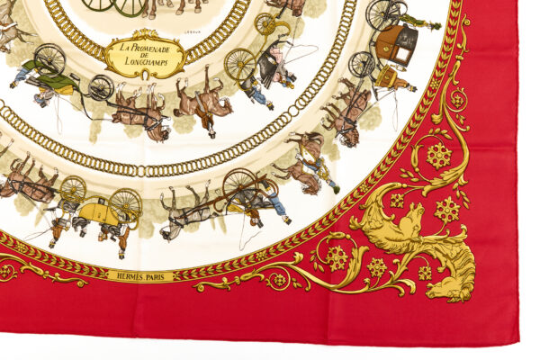 Hermes Silk Scarf Carre 90 "LA PROMENADE DE LONGCHAMPS" Red Silk Scarf - Image 6