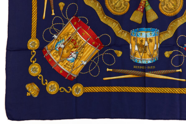 Hermes Silk Scarf Carre 90 "LES TAMBOURS" Blue Silk Scarf - Image 5