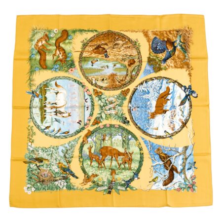 Hermes Silk Scarf Carre 90 "Les Quatre Saisons" Yellow Silk Scarf