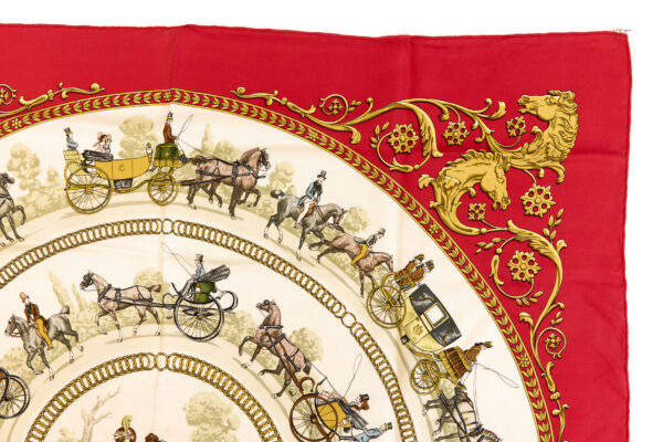 Hermes Silk Scarf Carre 90 "LA PROMENADE DE LONGCHAMPS" Red Silk Scarf - Image 3