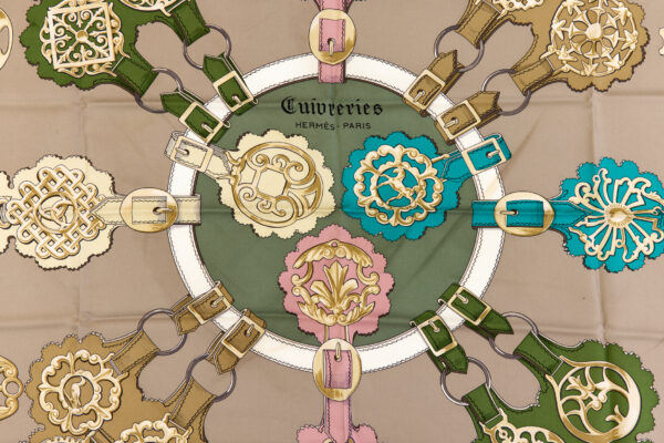 Rare! Hermes Silk Scarf Carre 90 "Cuivreries" Grey Silk Scarf - Image 4