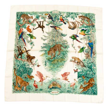 Hermes Silk Scarf Carre 90 "Equateur" White Silk Scarf