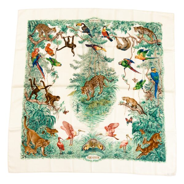 Hermes Silk Scarf Carre 90 "Equateur" White Silk Scarf