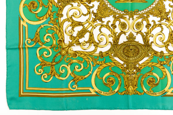 Hermes Silk Scarf Carre 90 "LES TUILERIES" Green Silk Scarf - Image 5