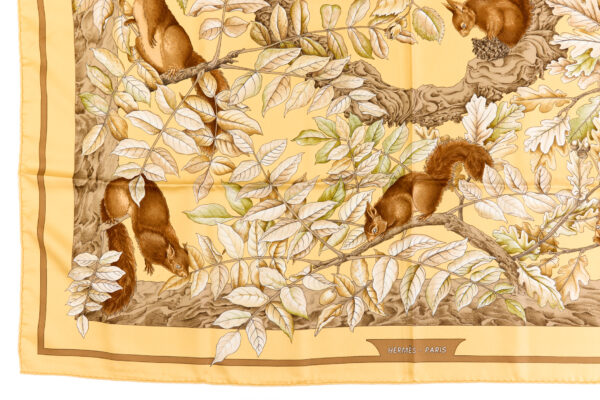 Hermes Silk Scarf Carre 90 "Casse Noisette Squirrel" Yellow Silk Scarf - Image 5