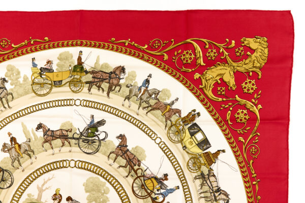 Hermes Silk Scarf Carre 90 "LA PROMENADE DE LONGCHAMPS" Red Silk Scarf - Image 3