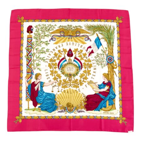 Hermes Silk Scarf Carre 90 "LIBERTE EGALITE FRATERNITE REPUBLIQUE FRANCAISE" Pink Silk Scarf