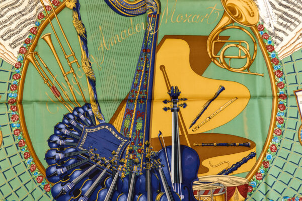 Bad! Hermes Silk Scarf Carre 90 "Wolfgang Amadeus Mozart" Green Silk Scarf - Image 4