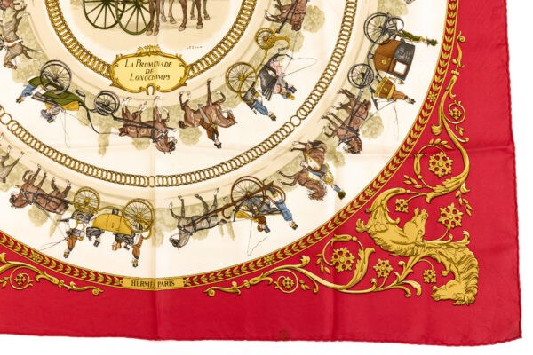 Hermes Silk Scarf Carre 90 "LA PROMENADE DE LONGCHAMPS" Red Silk Scarf - Image 6