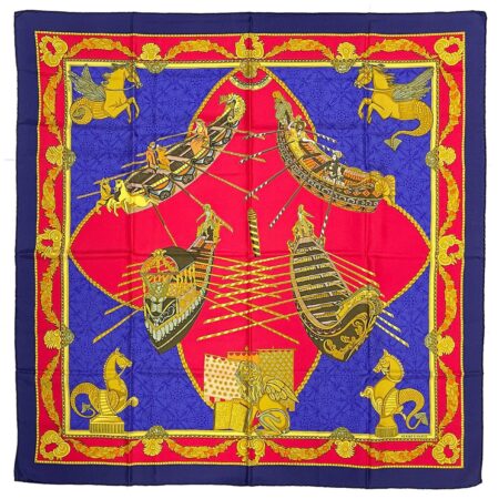Hermes Scarf 90 "Les Bisson de Venise" Blue , Navy, 100% Silk Scarf 35"