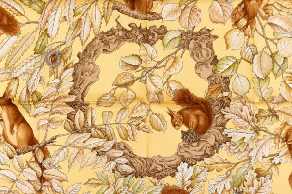 Hermes Silk Scarf Carre 90 "Casse Noisette Squirrel" Yellow Silk Scarf - Image 4