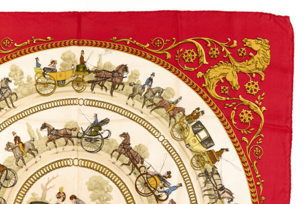 Hermes Silk Scarf Carre 90 "LA PROMENADE DE LONGCHAMPS" Red Silk Scarf - Image 3