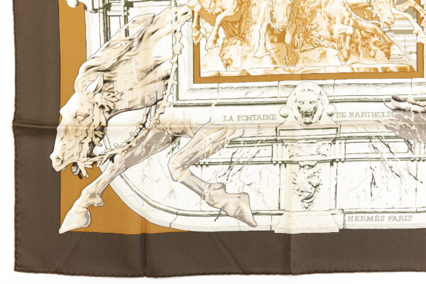 Hermes Silk Scarf Carre 90 "LA FONTAINE DE BARTHOLDI" Brown Silk Scarf - Image 5