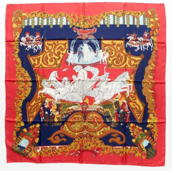 Hermes Scarf 90 "LE PARADIS DU ROY" Navy 100% Silk Scarf 35"