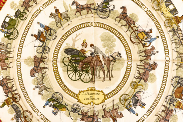 Hermes Silk Scarf Carre 90 "LA PROMENADE DE LONGCHAMPS" Red Silk Scarf - Image 4