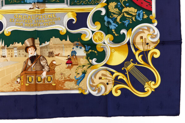 Hermes Silk Scarf Carre 90 "Orgauphone et Autres Mecaniques" Blue Silk Scarf - Image 6