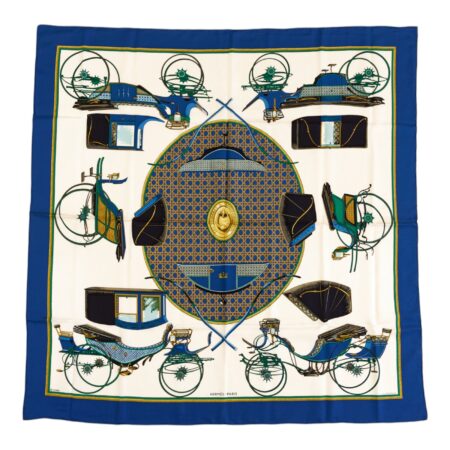 Hermes Silk Scarf Carre 90 "Les Voitures a Transformation" Blue Silk Scarf