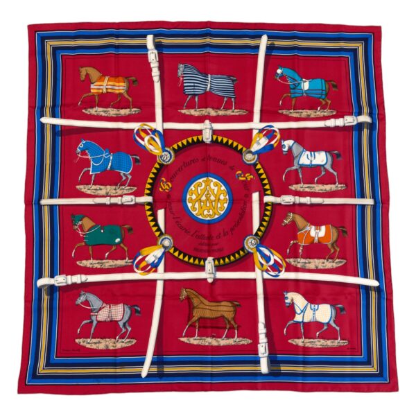 Hermes Silk Scarf Carre 90 "Couvertures et Tenues de Jour" Red Silk Scarf