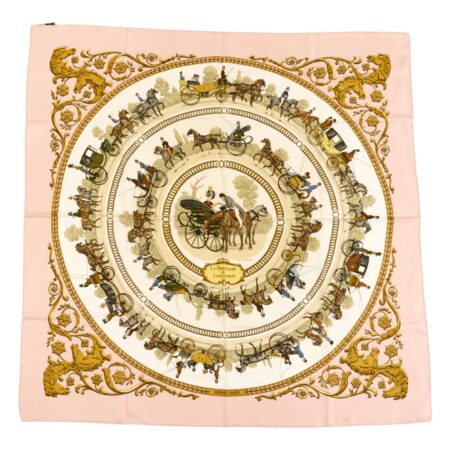Hermes Silk Scarf Carre 90 "LA PROMENADE DE LONGCHAMPS" Pink Silk Scarf