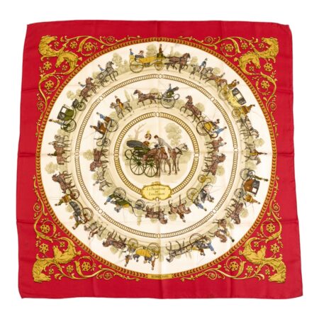 Hermes Silk Scarf Carre 90 "LA PROMENADE DE LONGCHAMPS" Red Silk Scarf