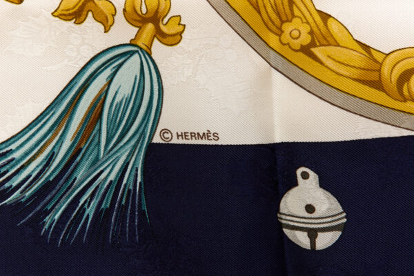 Hermes Silk Scarf Carre 90 "PLUMES ET GRELOTS" Blue Silk Scarf - Image 7