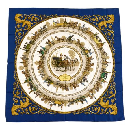 Hermes Silk Scarf Carre 90 "LA PROMENADE DE LONGCHAMPS" Blue Silk Scarf
