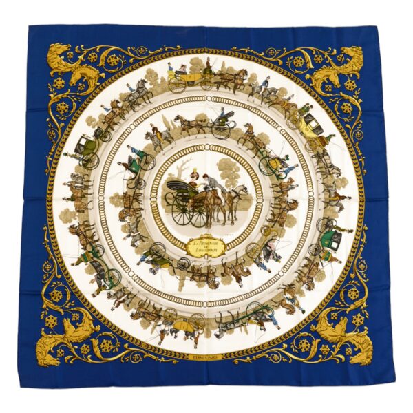 Hermes Silk Scarf Carre 90 "LA PROMENADE DE LONGCHAMPS" Blue Silk Scarf