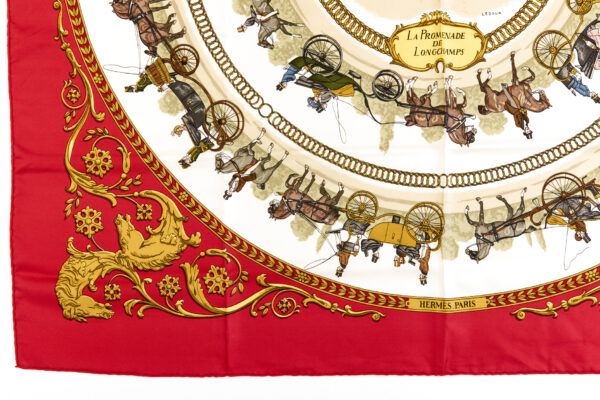 Hermes Silk Scarf Carre 90 "LA PROMENADE DE LONGCHAMPS" Red Silk Scarf - Image 5