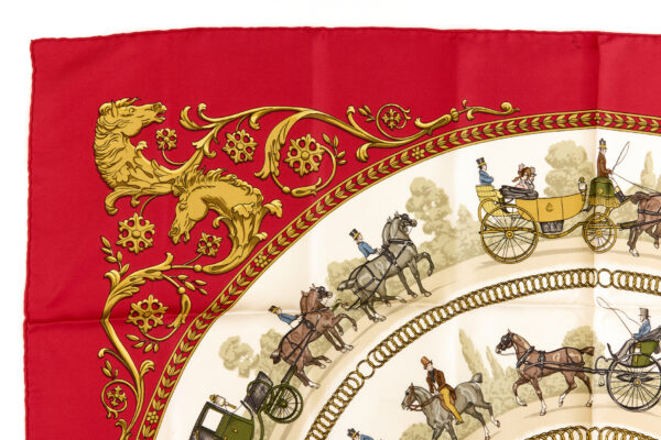 Hermes Silk Scarf Carre 90 "LA PROMENADE DE LONGCHAMPS" Red Silk Scarf - Image 2