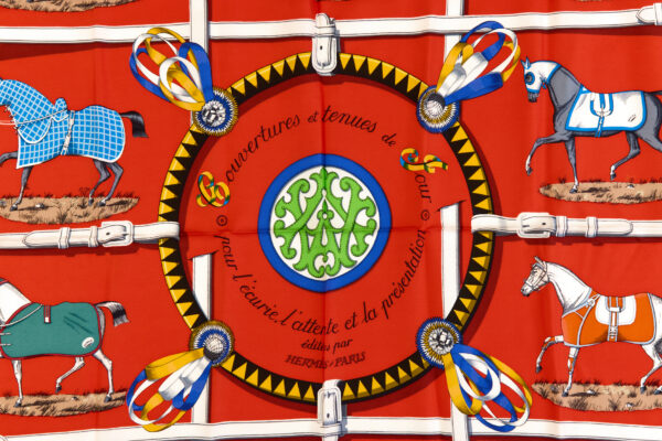 Hermes Silk Scarf Carre 90 "Couvertures et Tenues de Jour" Red Silk Scarf - Image 4