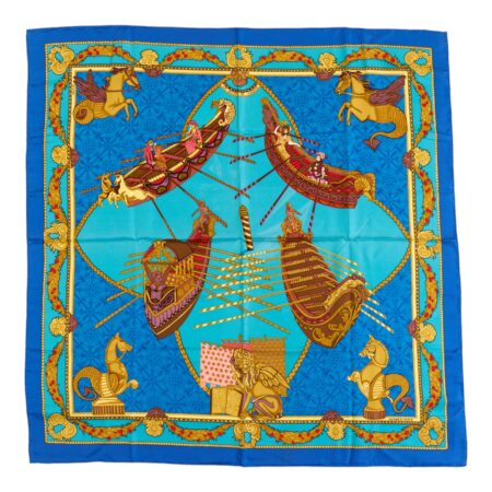 Hermes Silk Scarf Carre 90 "Les Bissone de Venise" Blue Silk Scarf B-(Color Faded)