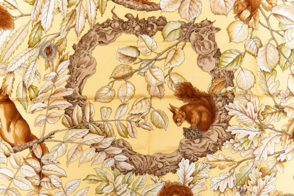 Hermes Silk Scarf Carre 90 "Casse Noisette Squirrel" Yellow Silk Scarf - Image 4