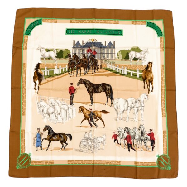 Hermes Silk Scarf Carre 90 "LES HARAS NATIONAUX" Brown Silk Scarf