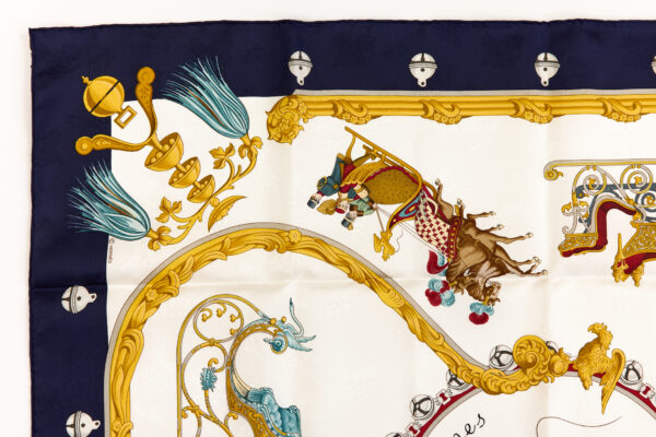 Hermes Silk Scarf Carre 90 "PLUMES ET GRELOTS" Blue Silk Scarf - Image 2
