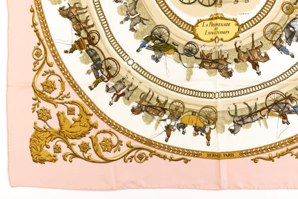 Hermes Silk Scarf Carre 90 "LA PROMENADE DE LONGCHAMPS" Pink Silk Scarf with Box - Image 6